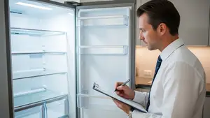 Professional Man Analyzing Empty Refrigerator in Modern Kitchen