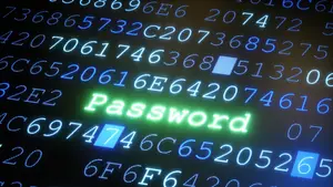 The word password in green on a dark screen with code