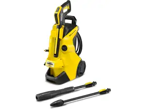 A collection of six pressure washers in a parking lot.