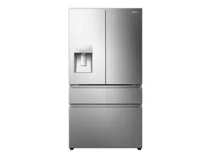 Left: Bosch French-door fridge with doors open and stocked with food. Right: One of Samsung's Bespoke French-door refrigerators in a modern kitchen.