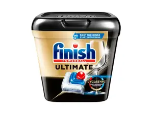 Dishwasher pods from Dropps, Cascade, and Finish on a green and blue ombre background