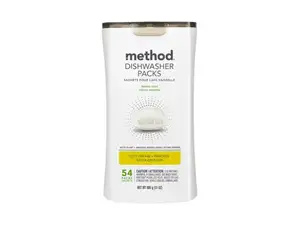 Dishwasher pods from Dropps, Cascade, and Finish on a green and blue ombre background