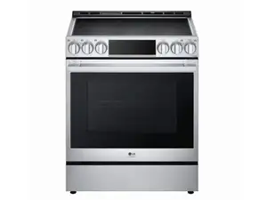 Close-up of the cooktop on a stainless steel induction range.