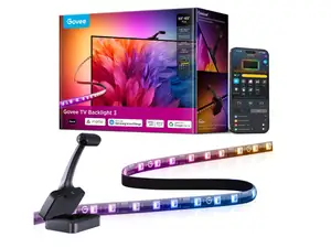 Govee TV Backlight 3 shown behind a TV displaying yellow, green, and purple lighting.