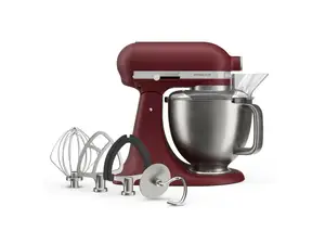 A red background with product images of a KitchenAid mixer and a frying pan