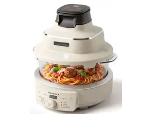 A red background with product images of a KitchenAid mixer and a frying pan