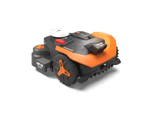 Orange Worx Landroid WR340 robot lawn mower shown on grass.