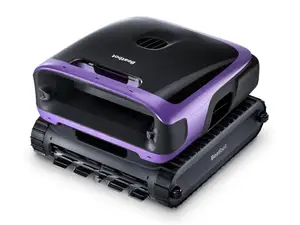 Close-up of a black and blue Dolphin Nautilus CC Plus Wi-Fi robotic pool cleaner at the edge of an outdoor swimming pool.