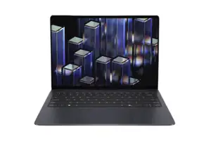 Dell 14S (DS14260) laptop open and turned on, sitting on a wooden surface. Blue abstract image displayed on screen.
