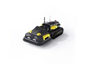 Yarbo Core Robot Lawn Mower shown mowing green grass in front of a series of trees and cars lined on the road.