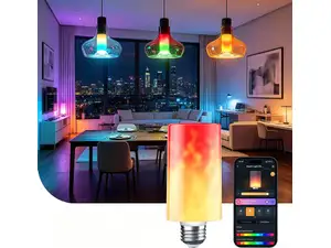 Linkind T19 Smart Flame Bulb on a white exterior wall next to a wooden sign that says "coffee".