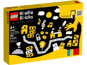 On the left a Lego box of Braille Bricks and on the right, a man with Braille Bricks.