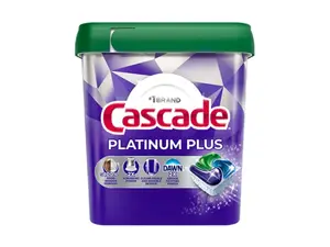 Dishwasher pods from Dropps, Cascade, and Finish on a green and blue ombre background