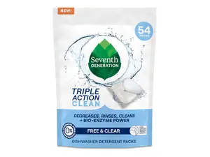 Dishwasher pods from Dropps, Cascade, and Finish on a green and blue ombre background