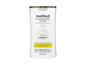 Dishwasher pods from Dropps, Cascade, and Finish on a green and blue ombre background