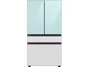 A photo of a standard depth fridge next to a counter-depth fridge and how they fit into existing cabinetry.