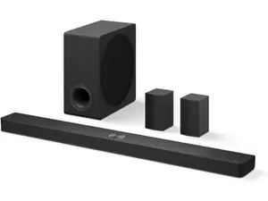 A soundbar, two TVs, and LED strip backlights on a yellow and blue background