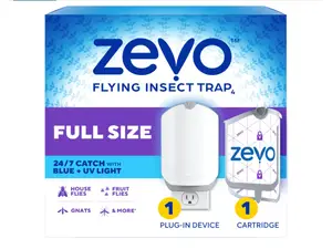 The back side of a Zevo Flying Insect Trap outlet, with dead bugs stuck in the sticky paper