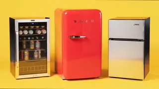 A shot of three of our top-testing mini fridges, the Whynter BR-1211DS, Smeg FAB10URRD3, and Magic Chef HMDR31GSE.