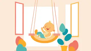 A graphic of a baby sitting in a swing at home