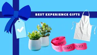 An apron, plants, and tickets on a blue gift package background