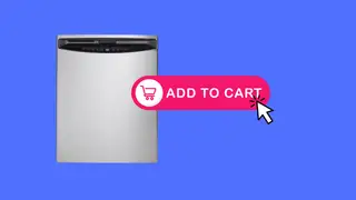 A dishwasher on a blue background with an "add to cart" button