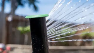 A sprinkler sprays water onto a green lawn.