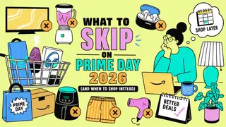 An illustration of a person on a laptop on a yellow background surrounding by product icons like air fryers, clothes, and blenders, each with an X on them