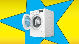A washing machine inside a star frame on a yellow background