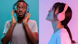 Two people listen to music through over-the-ear headphones