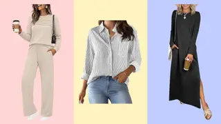 Three women wearing wrinkle-free travel outfits