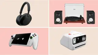 A collage featuring the Sony WH-1000XM5 headphones, Crosley turntable, ASUS ROG Xbox Ally, and the Polaroid Go Gen 3.