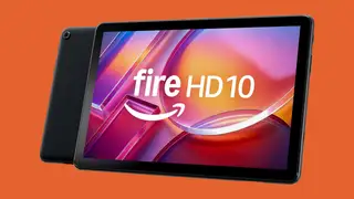 The Amazon Fire HD 10 tablet shown from the front and back on an orange background.