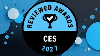 A Reviewed award on a blue colored background