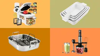 Four kitchen essentials — veggie chopper, casserole dishes, immersion blender, and roasting pan —against a multicolored background in fall colors.