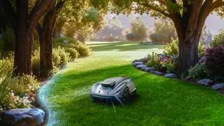 A Sunseeker Elite robotic mower navigates along a curved garden border between trees and flower beds on a residential lawn.