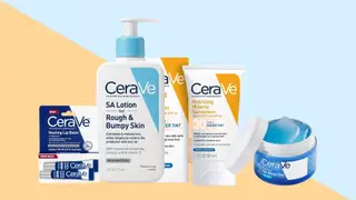 Four CeraVe products on a multicolored background
