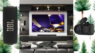 A small speaker, a TV in a living room, and a dash camera