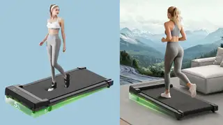 A diptych showing a woman exercising on a walking pad from the side and back