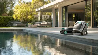 Aiper Scuba X1 and Scuba X Pro Max robotic pool cleaners sitting on the edge of an in-ground pool