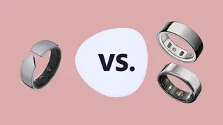 Evie and Oura rings on pink background.