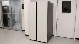 A Samsung Bespoke RS28CB7600 side-by-side refrigerator in the testing lab.