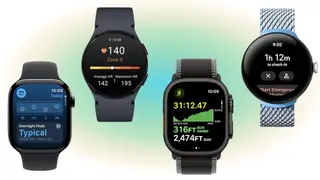 Four smart watches on a green glowing background