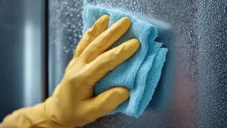 A person wearing gloves wipes a stainless-steel fridge with a microfiber towel.