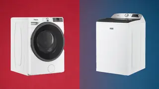 A Whirlpool front-load washer on a red background, and Maytag top-load washer on a blue background
