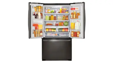 The dark stainless steel finish looks sharp on this French door refrigerator.