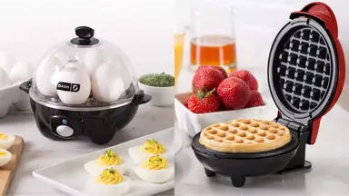 On the left, there's a Dash egg cooker, with some boiled half eggs; on the right, there's a red Dash mini waffle maker.