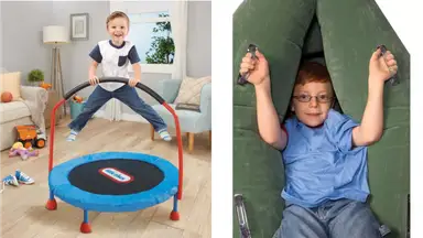 Little boy jumping on trampoline and a boy in an inflatable peapod