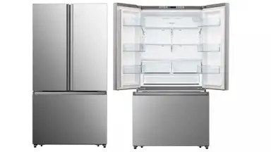 A side-by-side of two Hisense HRF266N6CSE French-door refrigerators. The left one is closed and the right one is open, showcasing its empty interior.