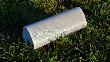 The tubular Sonos Roam speaker sits horizontally atop blades of grass as the sun sets